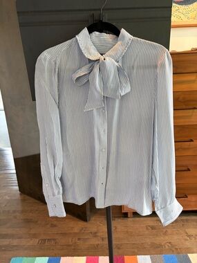 J. Crew Light Blue Pinstripe Bow-Neck Blouse